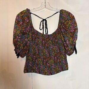 Free People Smocked Floral Puff Sleeve Crop Top XS Boho Hippie Festival Vacation